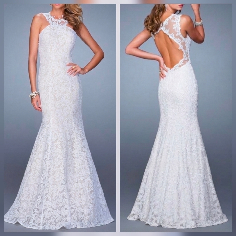 La Femme Women's Long White Lace Mermaid Sheer Halter Neck Gown, Size 0